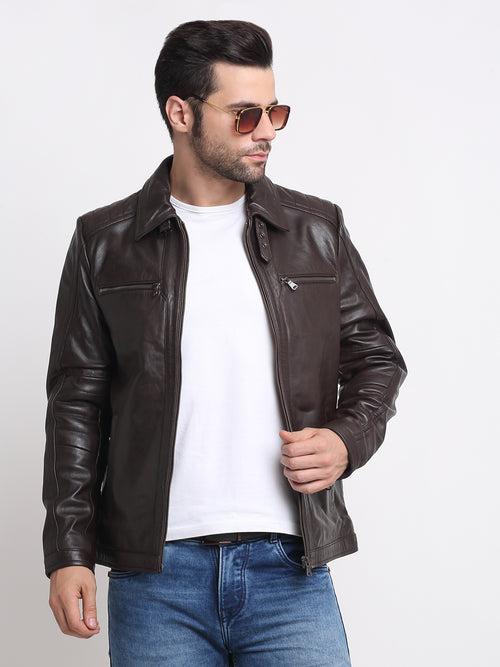 Men Brown Solid Leather Jacket