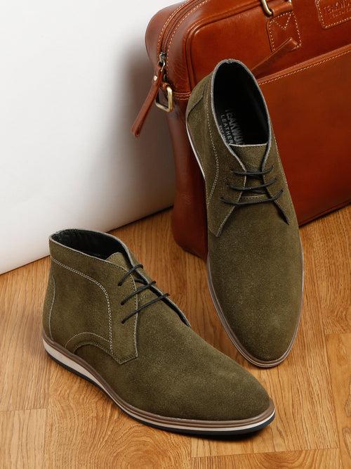 Men Suede Olive Mid Top Lace-Up Boots