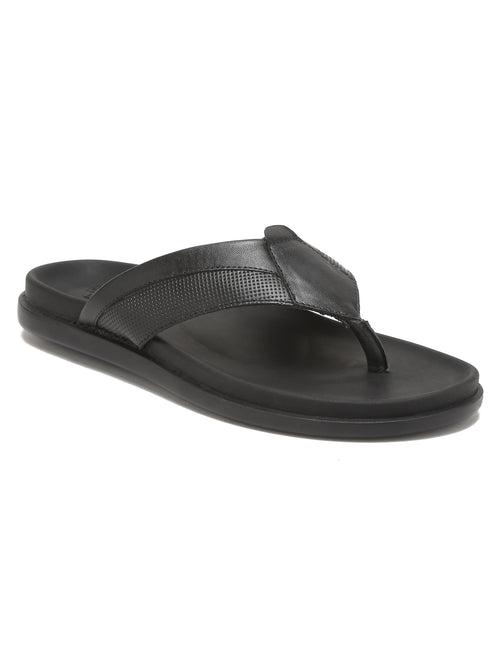 Men Black Leather Slip On Sandals