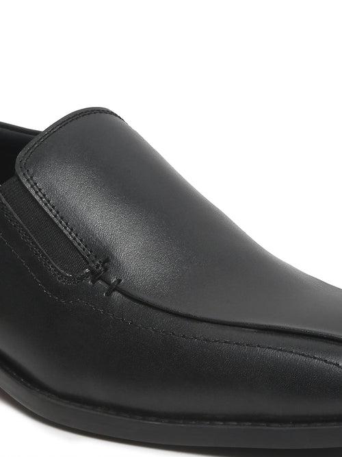 Men Black Solid Leather Formal Slip-On Loafers