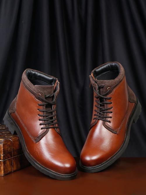 Men Brown Solid Leather Mid-Top Boots