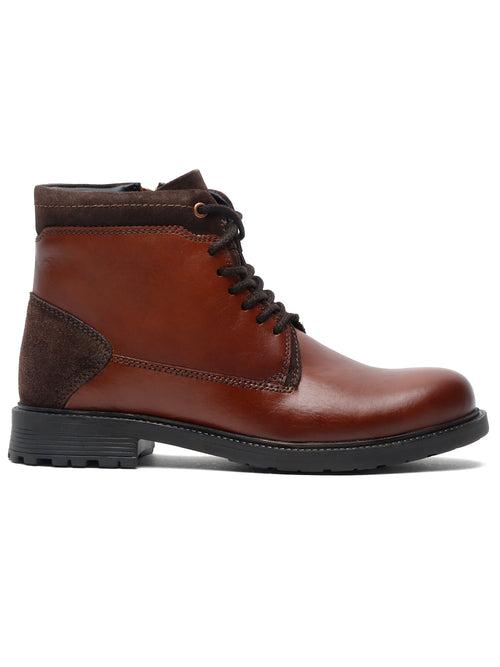 Men Brown Solid Leather Mid-Top Boots