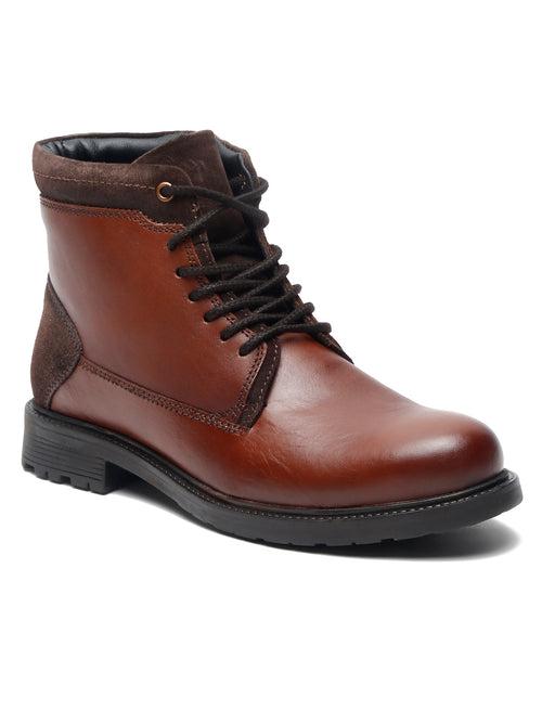 Men Brown Solid Leather Mid-Top Boots