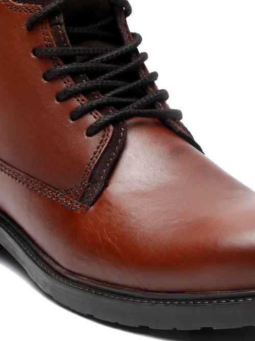 Men Brown Solid Leather Mid-Top Boots