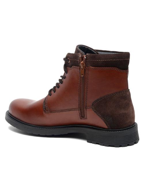 Men Brown Solid Leather Mid-Top Boots