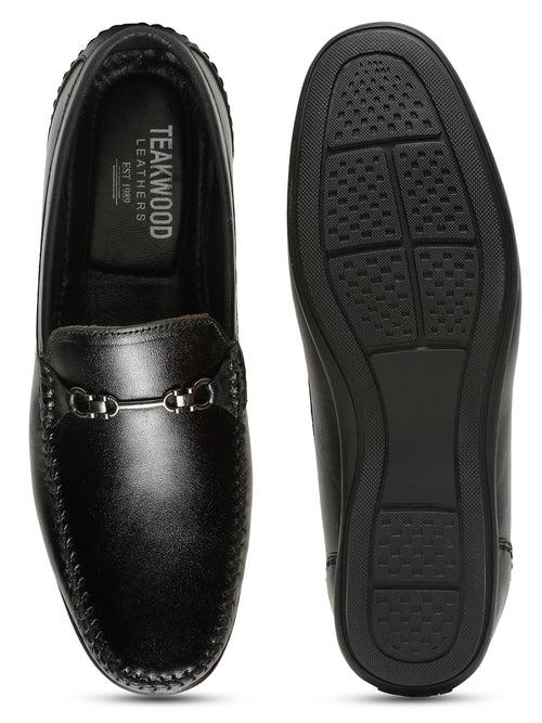 Men Black Leather Solid Loafers