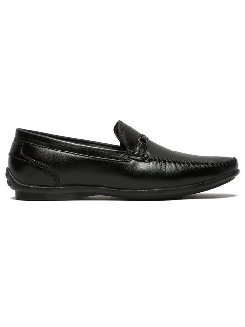 Men Black Leather Solid Loafers