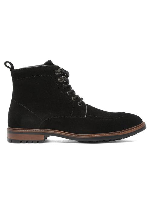 Men Black Leather Mid Top Lace-Up Boots