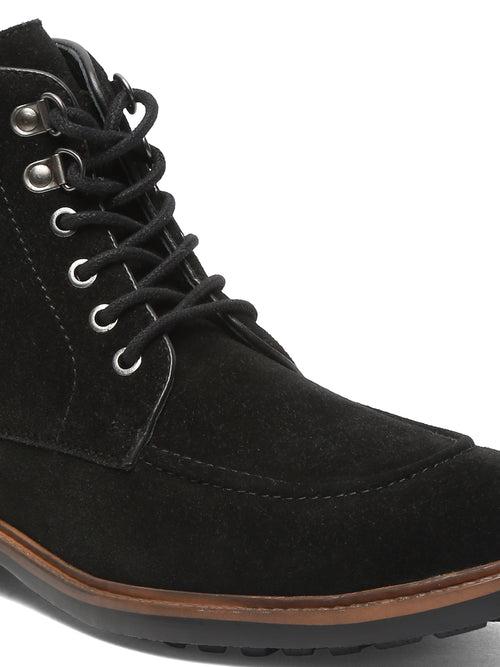 Men Black Leather Mid Top Lace-Up Boots