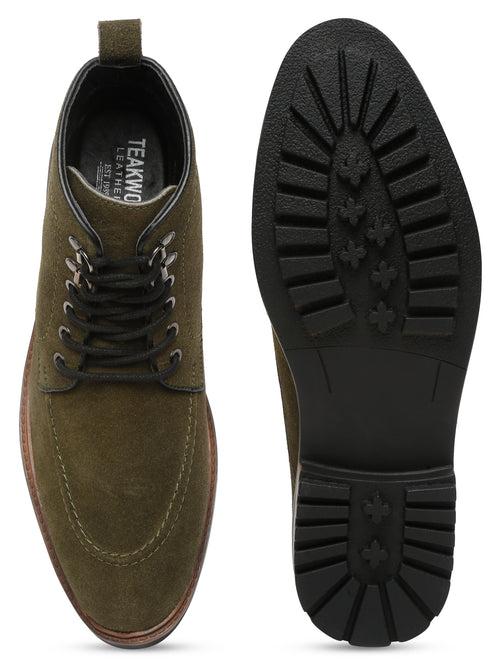 Men Olive Leather Mid Top Lace-Up Boots