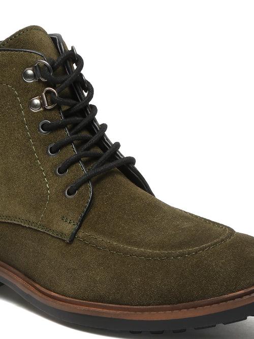 Men Olive Leather Mid Top Lace-Up Boots