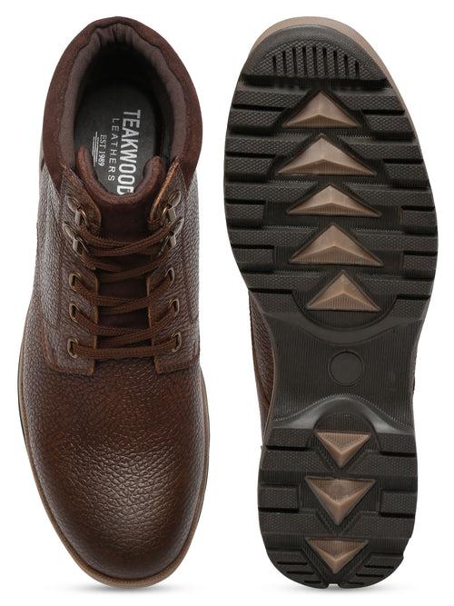 Men Textured Brown Leather Lace-Up Boots