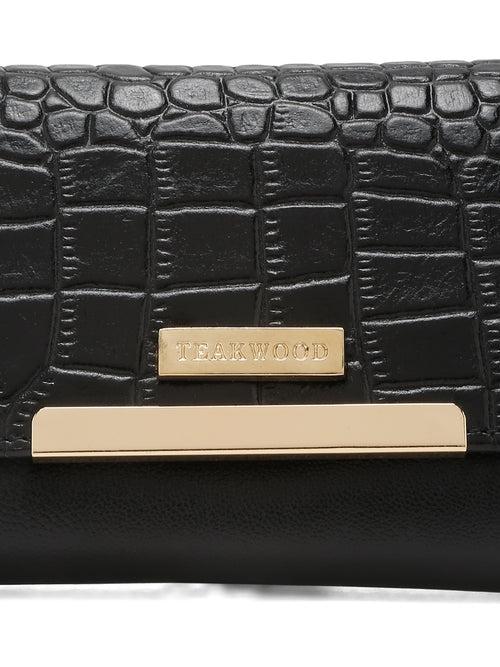 Women Croco Black Leather Two Fold Wallet