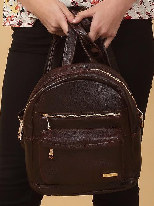 Women Brown Texture Leather Backpack