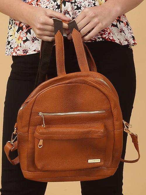Women Tan Texture Leather Backpack