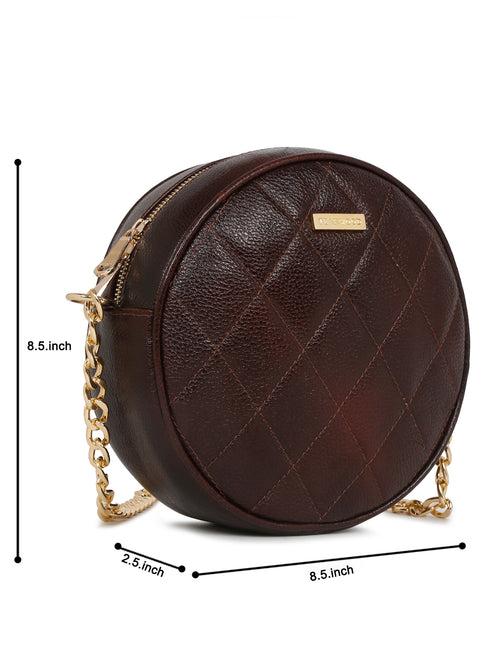 Women Round Brown Quilted Leather Sling Bag