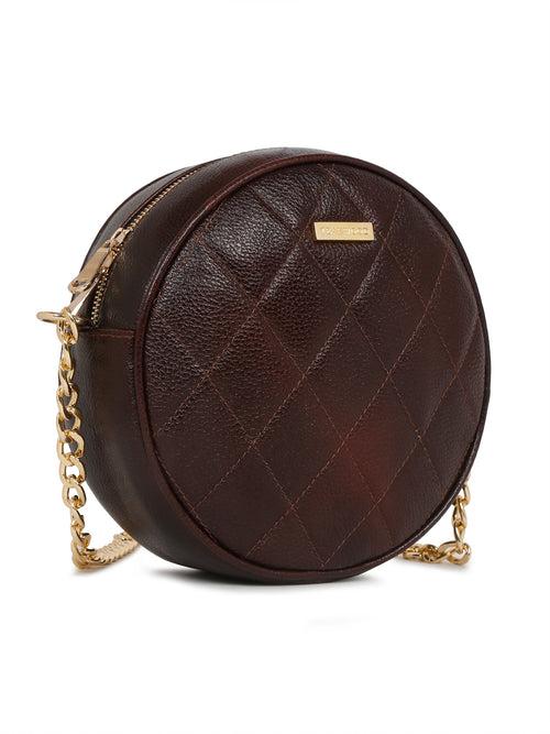 Women Round Brown Quilted Leather Sling Bag
