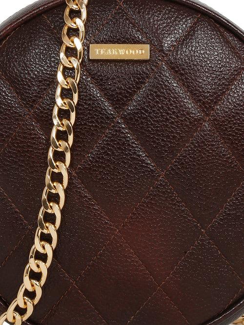 Women Round Brown Quilted Leather Sling Bag