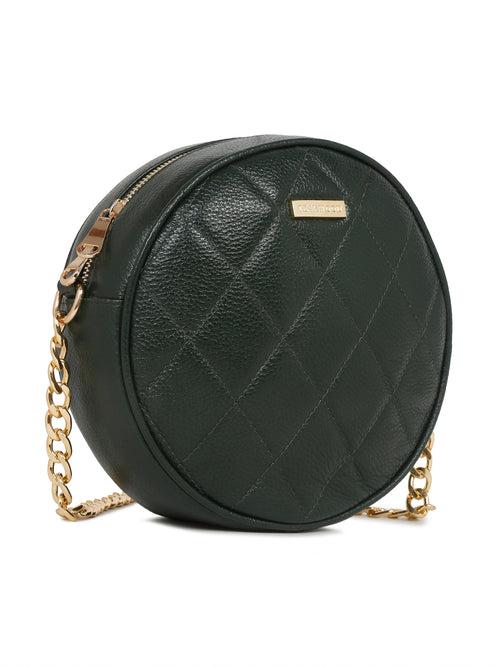 Women Round Green Quilted Leather Sling Bag