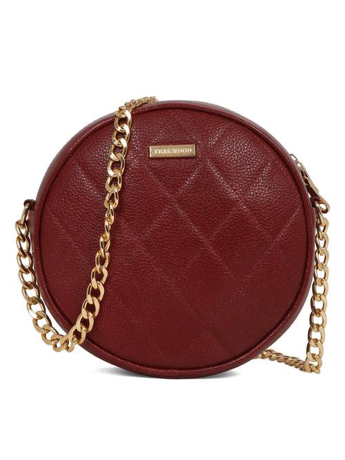 Women Round Red Quilted Leather Sling Bag