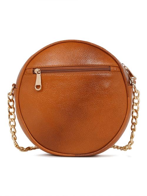Women Round Tan Quilted Leather Sling Bag