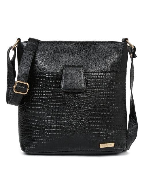 Women Black Leather Croco Pattern Side Bag