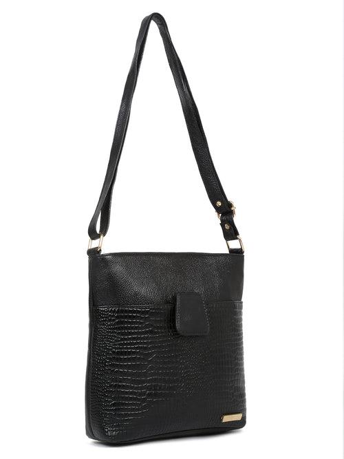 Women Black Leather Croco Pattern Side Bag