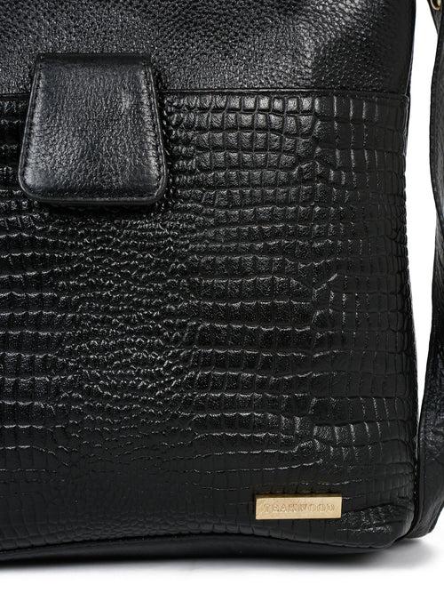 Women Black Leather Croco Pattern Side Bag