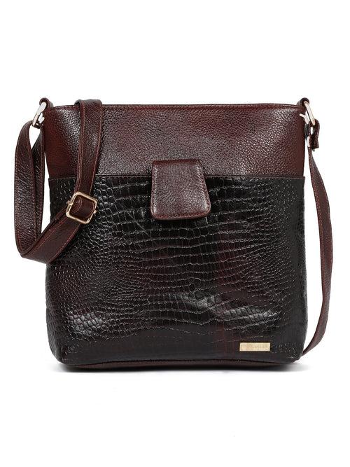 Women Brown Leather Croco Pattern Sling Bag