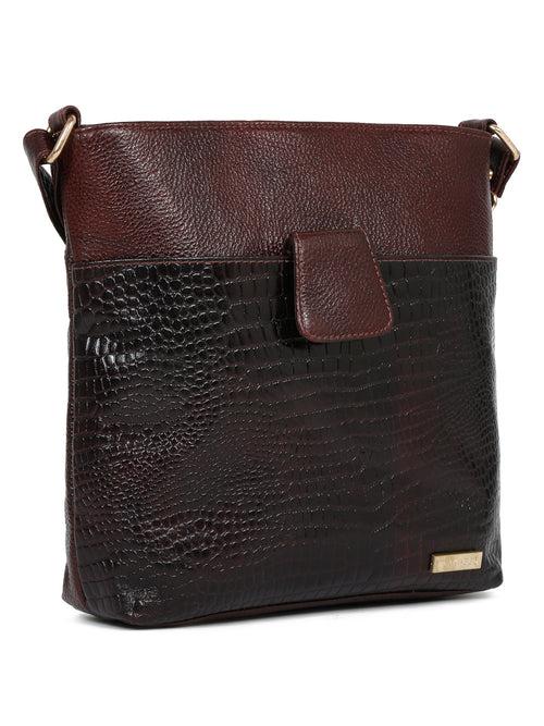 Women Brown Leather Croco Pattern Sling Bag