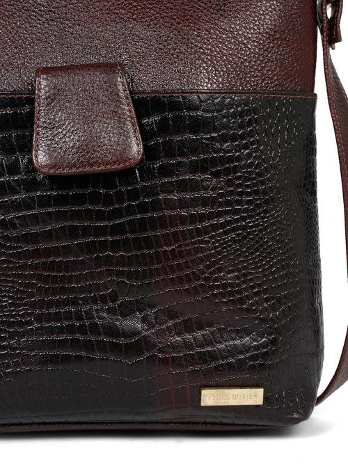 Women Brown Leather Croco Pattern Sling Bag