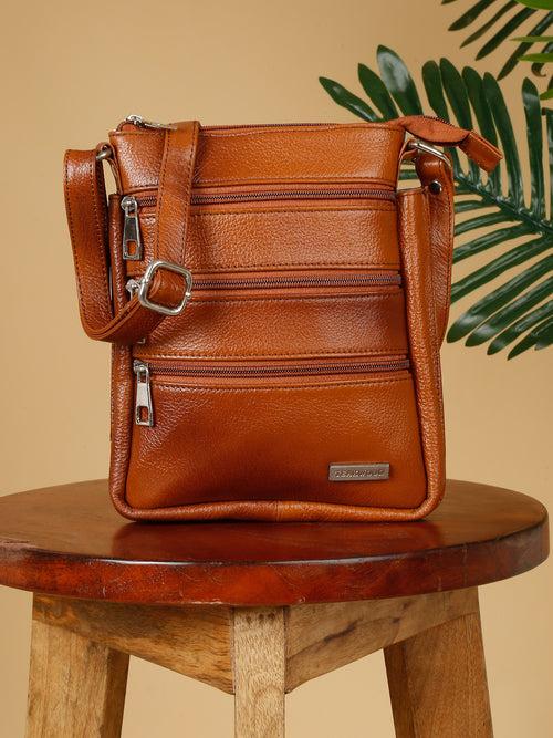 Unisex Tan Leather Sling Bag