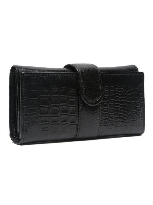 TEAKWOOD CROCO TEXTURE BLACK WOMEN'S TWO FOLD WALLET