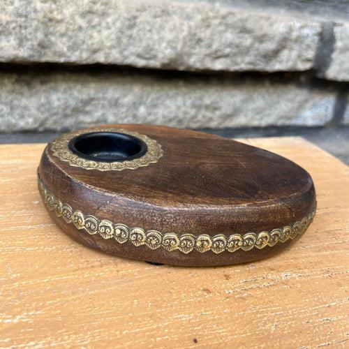 Wooden Tea Light Holder with Brass Lace Work