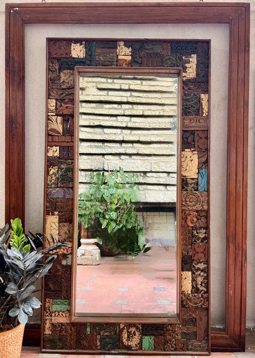 Carved Wooden Blocks Frame with Mirror