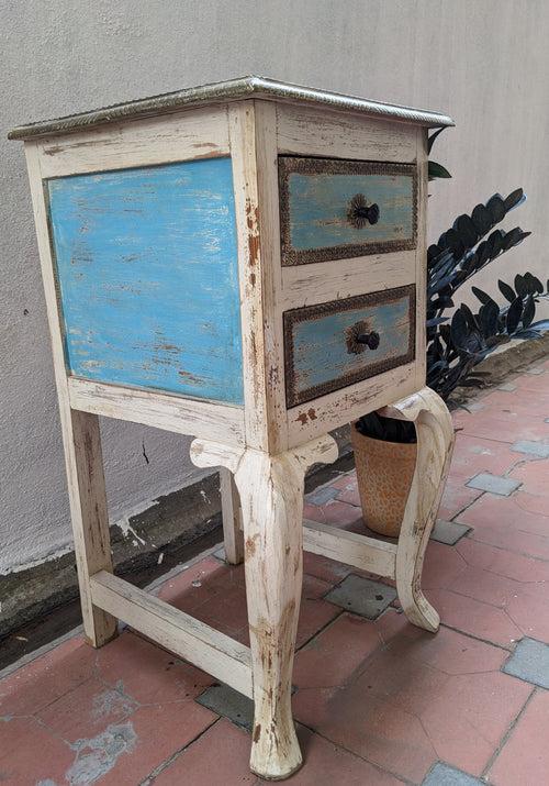 White and Blue Side Table with Brass work