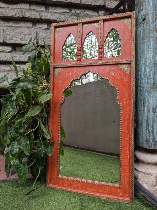 Orange Jharokha Mirror with brass details