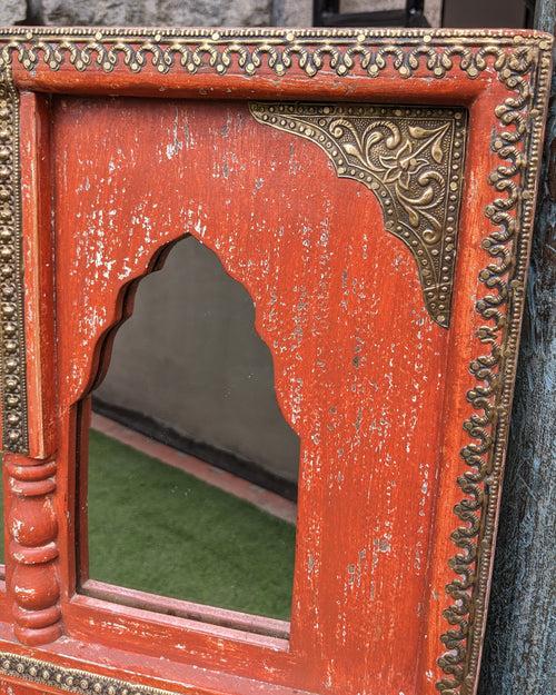 Orange Jharokha Mirror with brass details