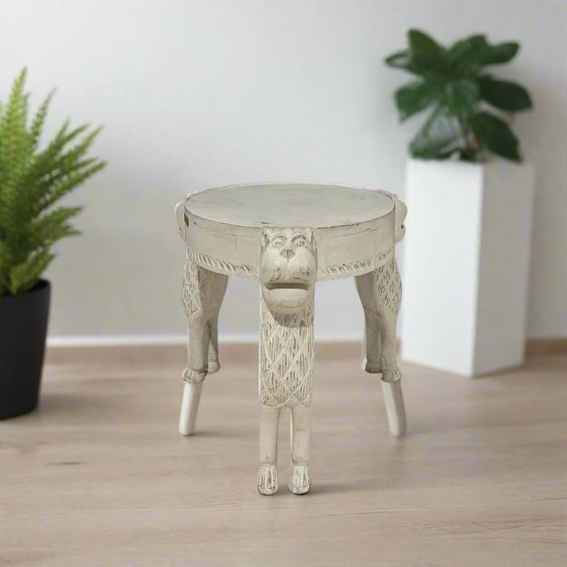 Carved Wooden White Stool/ Side Table