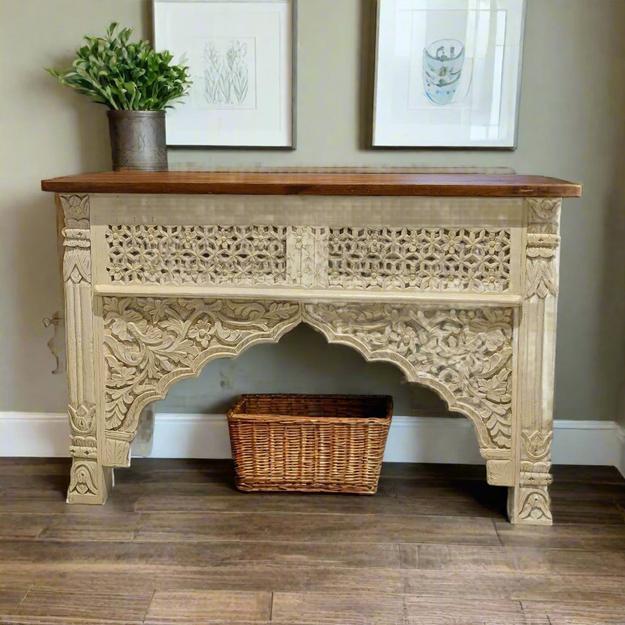 Carved Wooden White Console without storage