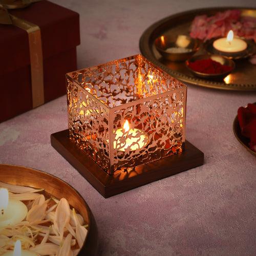 Square Taj Mahal Tea Light Holder - Teak & Brass