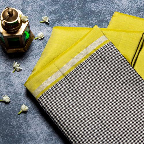 Kuberan Olive Yellow White And Black Checks Border Kanchivaram Saree