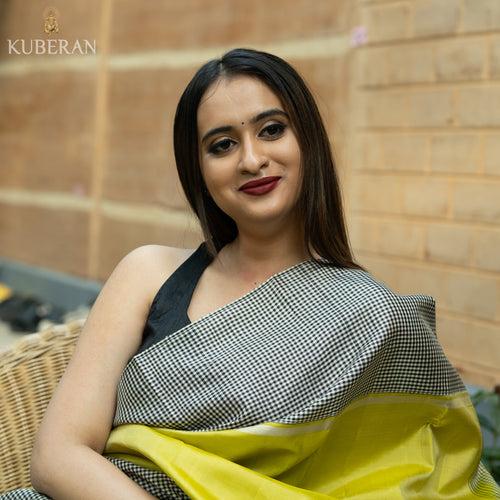 Kuberan Olive Yellow White And Black Checks Border Kanchivaram Saree