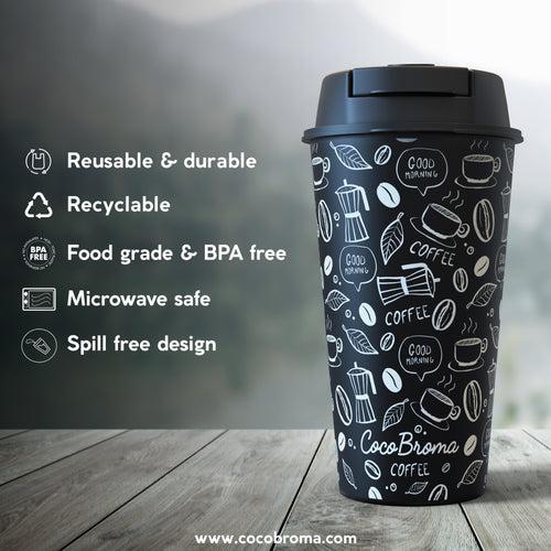 Eco friendly Cocobroma Coffee Tumbler:  Black & White Coffee Doodle