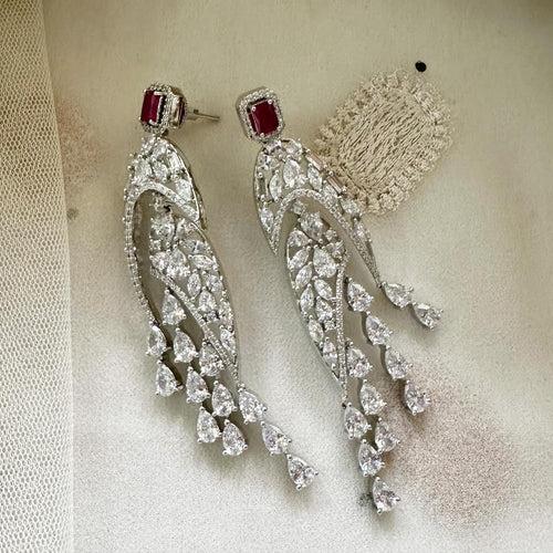 Rain drops long silver CZ earrings