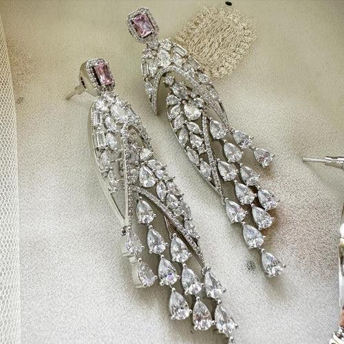 Rain drops long silver CZ earrings