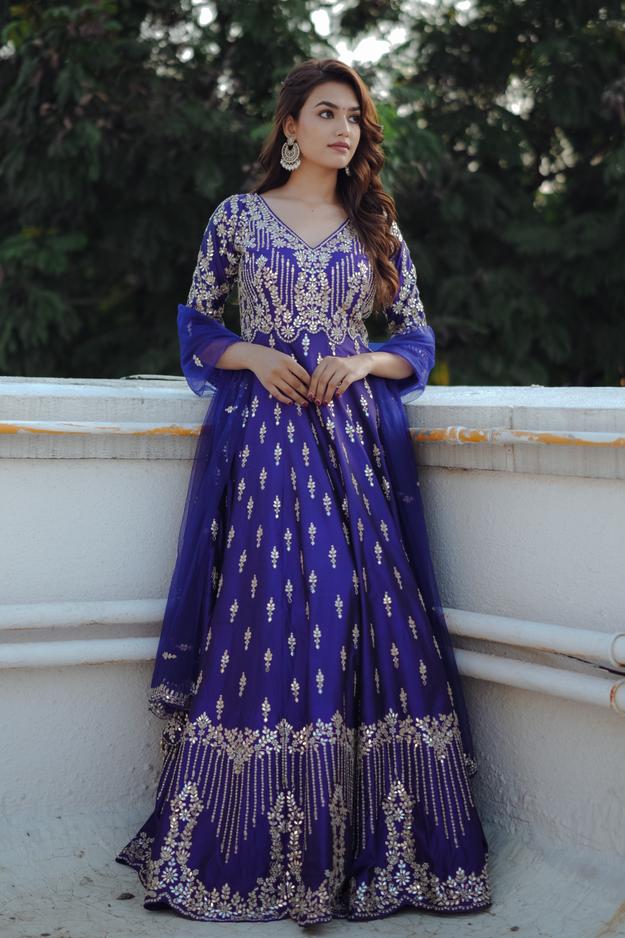 Elegant Royal Blue Embroidered Anarkali Suit with Dupatta - Vidhi Yadav's Choice