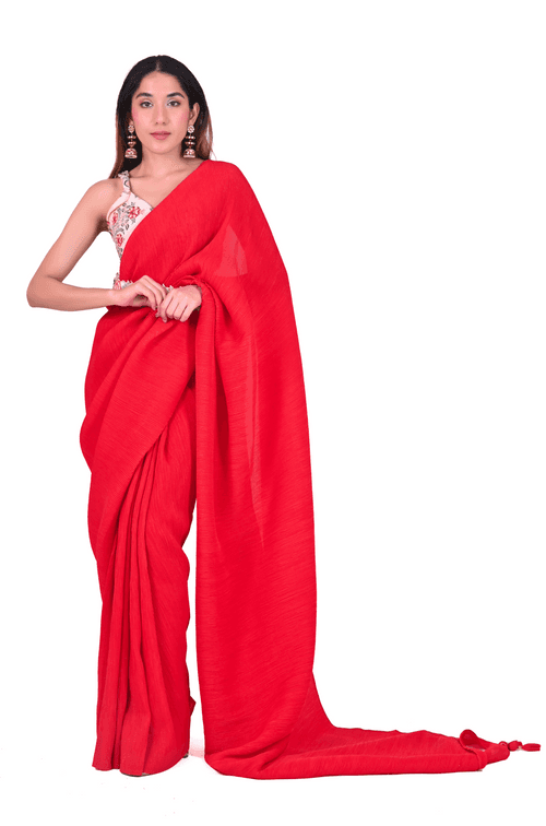 Glamorous Ruby Red Lycra Saree With Belt