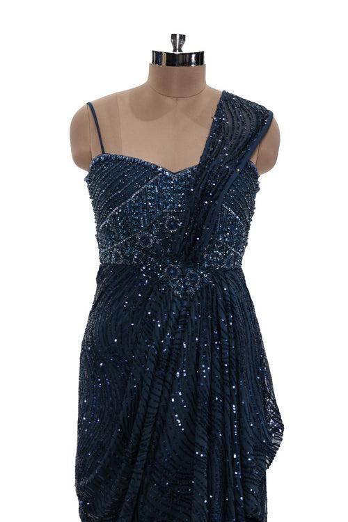 Peacock Blue Sequins Net Designer Gown - Meher Taluja's Choice