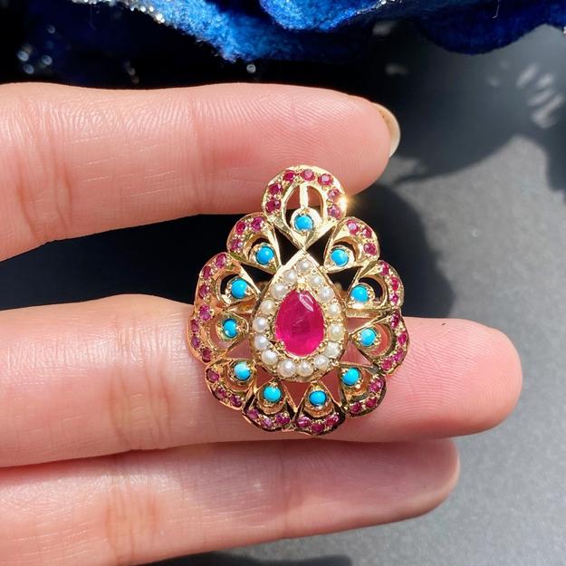 Buy Gold Plated Silver Jewelry Online | Ruby Pearl Turquoise Cocktail Ring  LR 038